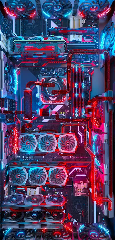 Futuristic gaming PC cooling setup with red and blue LEDs.