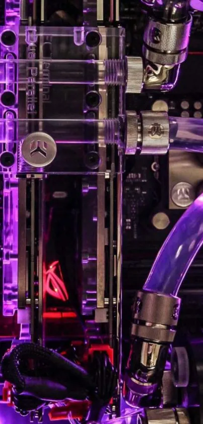 Futuristic PC setup with purple glow and sleek cooling system.