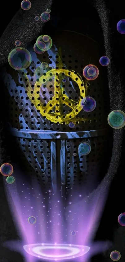 Futuristic mask with peace symbol and vibrant energy.