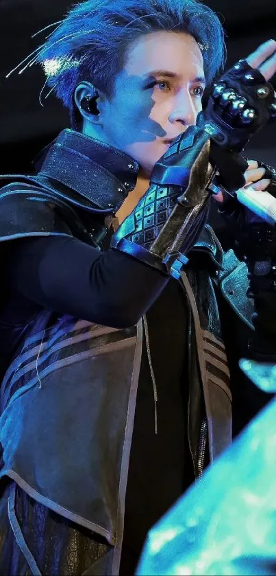 Futuristic performer in blue lighting, holding microphone.