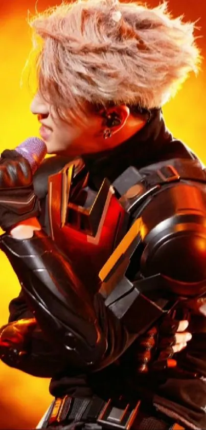 Performer in black armor singing into a mic against an orange background.