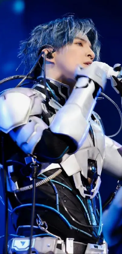 Futuristic performer in a high-tech suit with blue and silver accents.