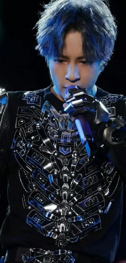 Futuristic performer in robotic armor on stage mobile wallpaper.