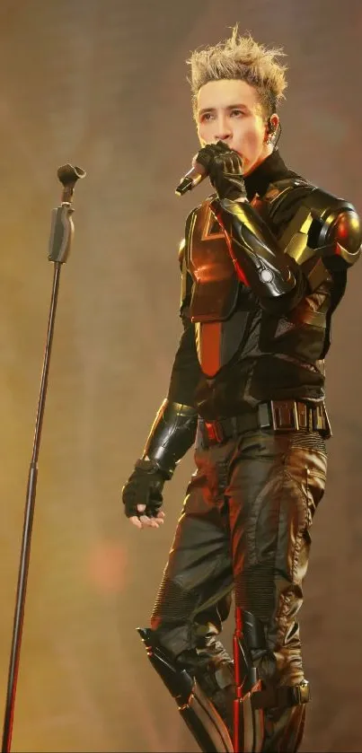 Futuristic performer in sleek attire on stage, vibrant and dynamic lighting.