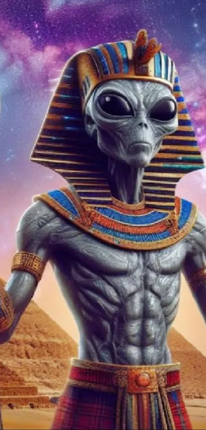 Alien pharaoh with pyramids and cosmic background wallpaper.