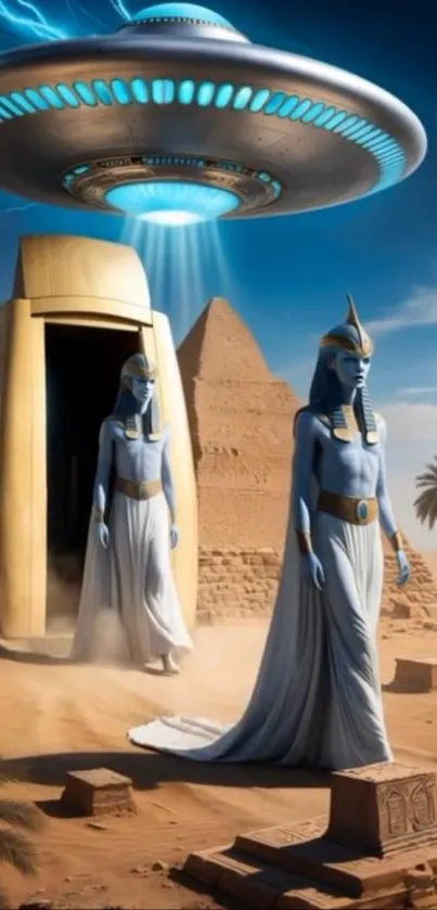 Egyptian pharaohs with UFO in desert scene