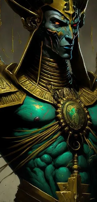 Futuristic Pharaoh with teal skin, adorned in gold armor, intricate artwork.