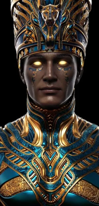 Futuristic pharaoh in gold and azure on a black background.