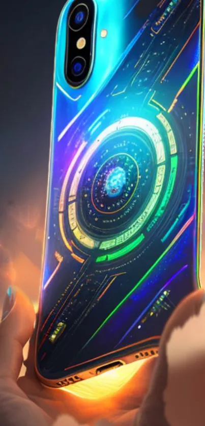 Futuristic phone case with neon cosmic design, held in a hand.