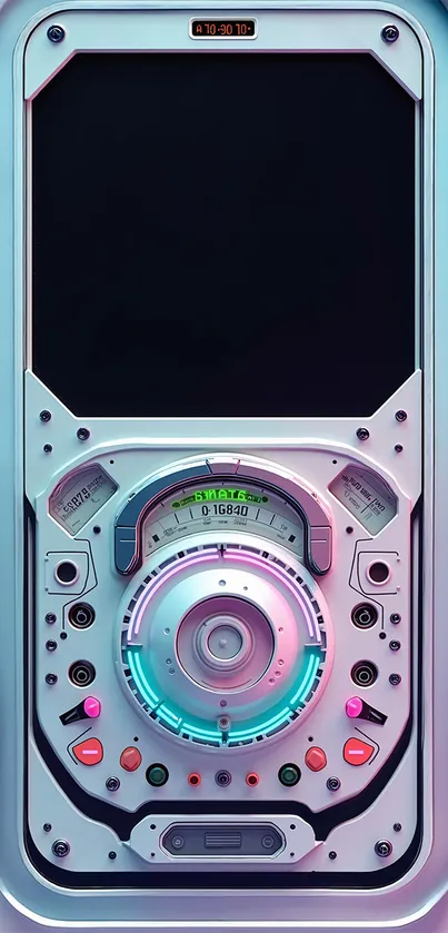 Futuristic phone interface with neon lights.