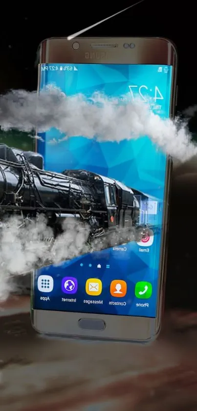 Futuristic train emerging from smartphone screen with blue background.