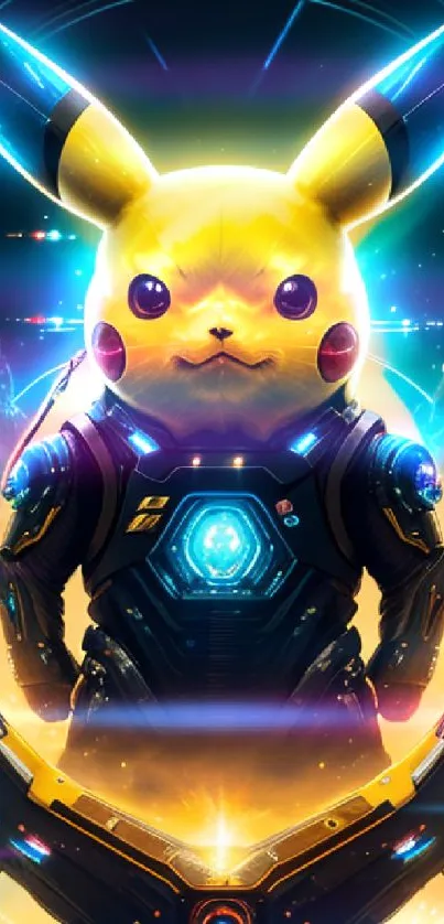 Futuristic Pikachu in cyber suit with vibrant colors and sci-fi elements.