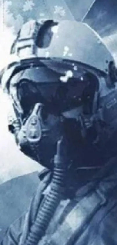 Futuristic pilot in icy blue with jets in dynamic scene.