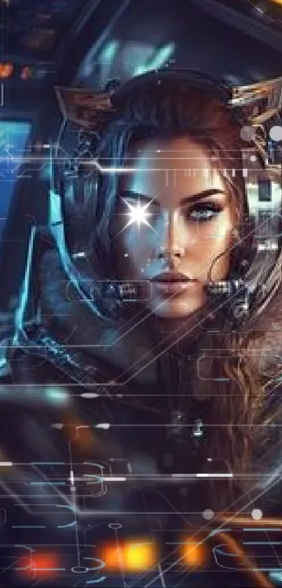 Futuristic female pilot in high-tech cockpit, sci-fi phone wallpaper.