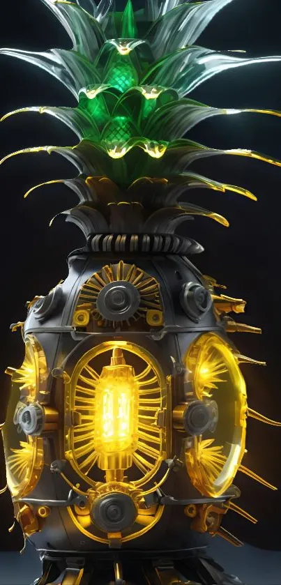 Futuristic pineapple with glowing elements and cyber aesthetic.