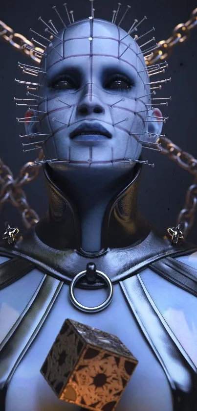 Futuristic Pinhead-inspired art with chains and cube.