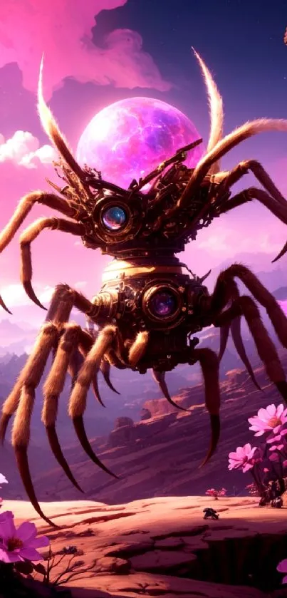 A futuristic pink landscape with a mechanical spider creature.