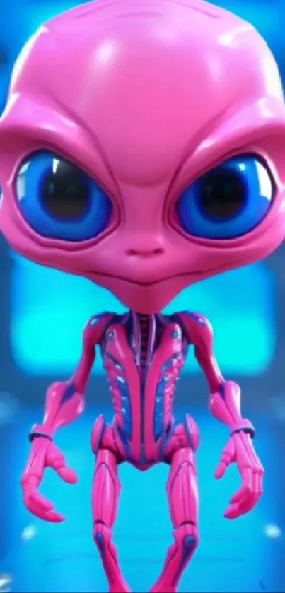 Futuristic pink alien with blue eyes on digital background.