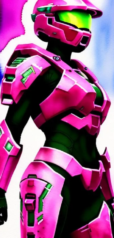 Pink armored warrior in futuristic style, vibrant mobile wallpaper.