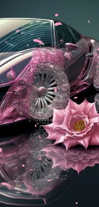 Futuristic pink car with floral design, perfect for mobile wallpaper.