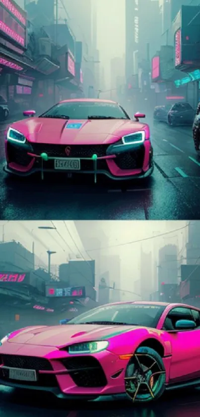 Futuristic pink car in a neon-lit city street at night.