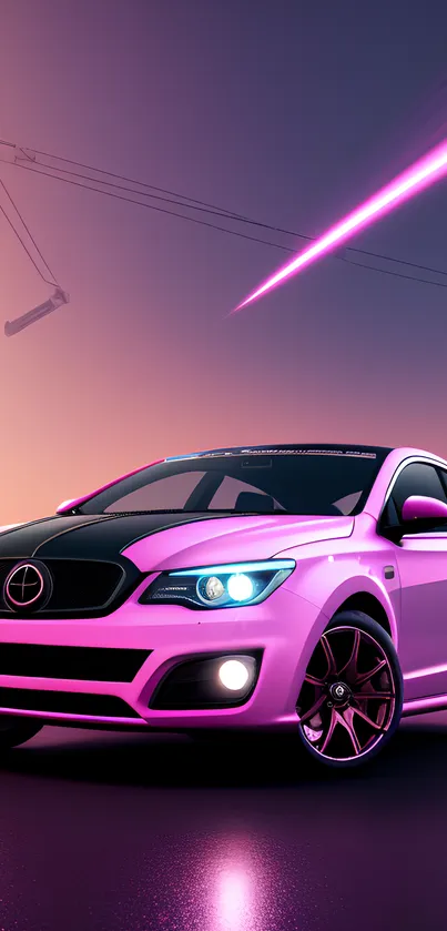 Futuristic pink car with neon lights and vibrant sky on mobile wallpaper.