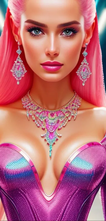 Futuristic character in pink with jewelry.