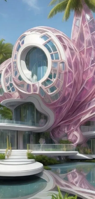 Futuristic pink glass house amidst lush greenery and reflection.