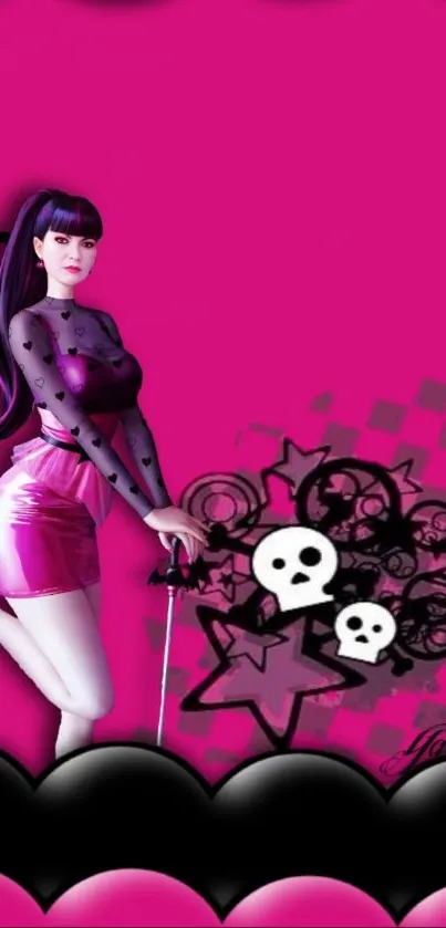 Goth character in a pink themed wallpaper with stars and skulls.