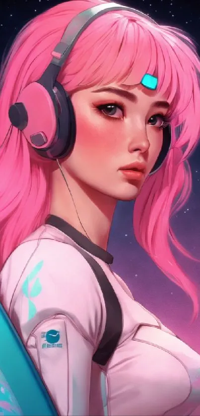 Digital art of pink-haired girl with headphones.