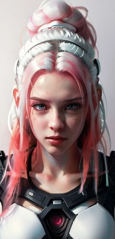 Futuristic character with pink hair and cyber armor in a digital art style.