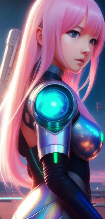 A futuristic warrior with pink hair in a sci-fi setting for mobile wallpaper.