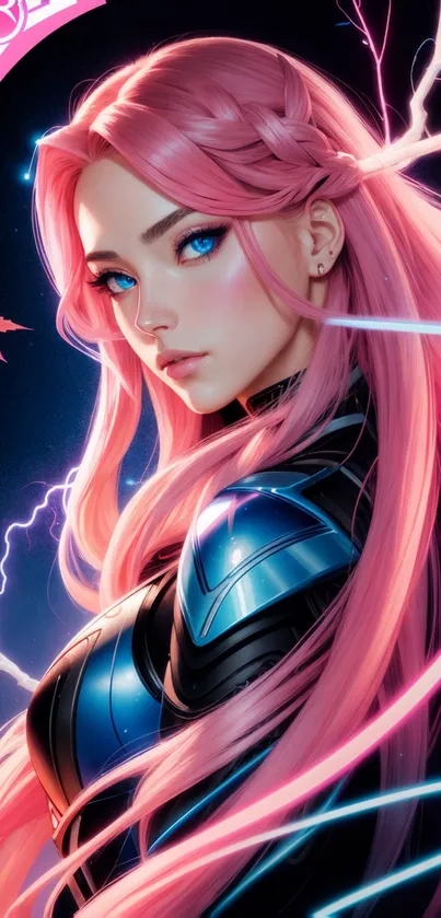 Futuristic anime warrior with pink hair and blue eyes in vibrant design.