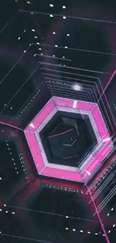 Futuristic wallpaper with pink hexagon design and dark background.