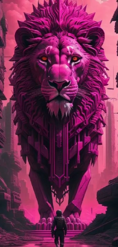 Futuristic cityscape with giant pink lion and vibrant colors.