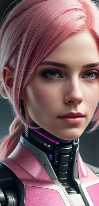 Futuristic pink-haired girl with a robotic collar wallpaper.