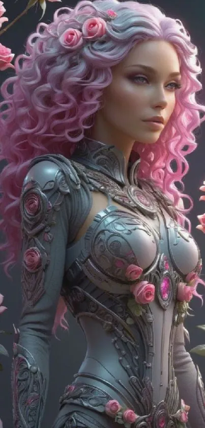 Futuristic warrior with pink floral accents and armor.