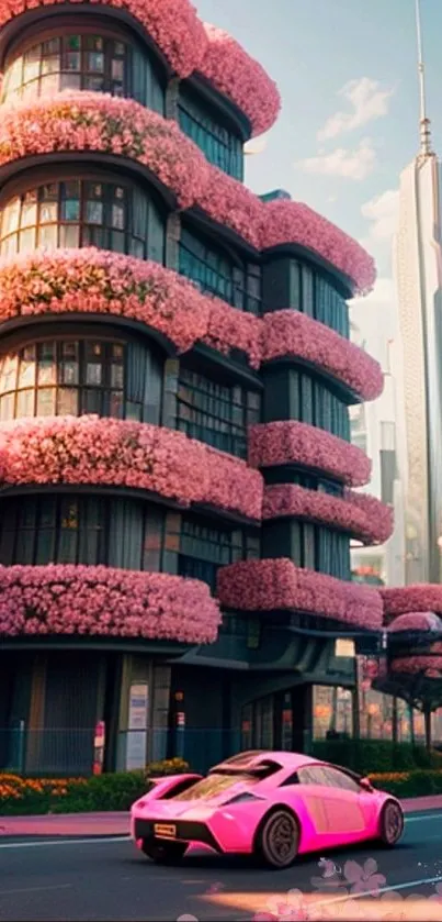 Futuristic city with pink blossom buildings and a sleek car on the road.