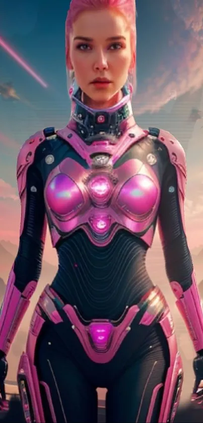 Futuristic pink warrior in a sci-fi themed mobile wallpaper.