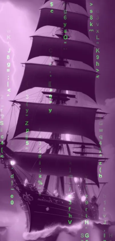 Purple pirate ship with matrix code in stormy sea wallpaper.