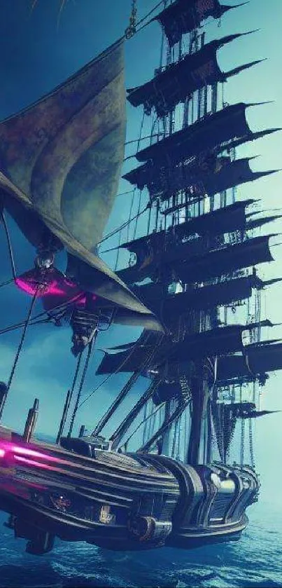 Futuristic pirate ship against a vibrant blue ocean.