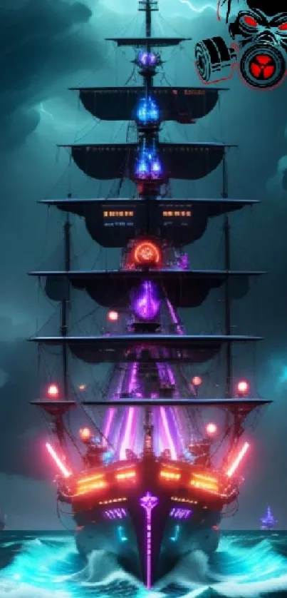 Futuristic pirate ship sails through neon lit waters under a dark sky.