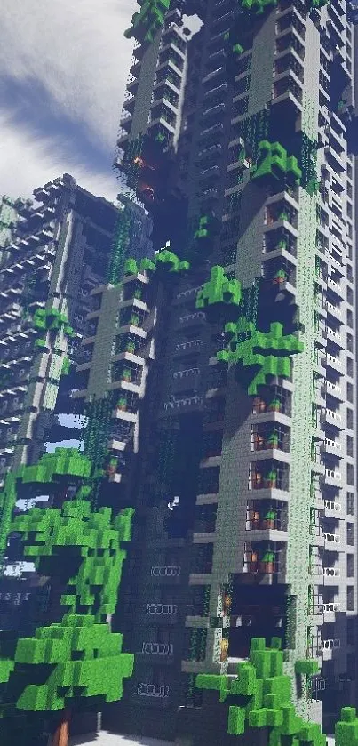 Minecraft skyscraper engulfed by vines in a futuristic urban jungle setting.