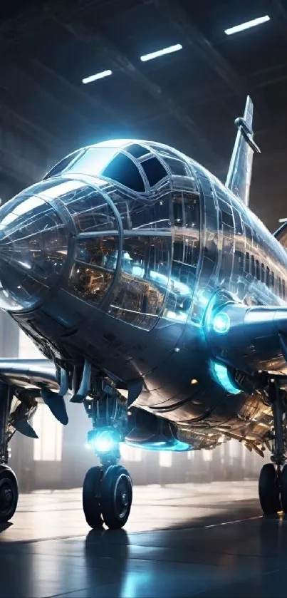 Futuristic airplane in hangar, glowing with blue highlights.