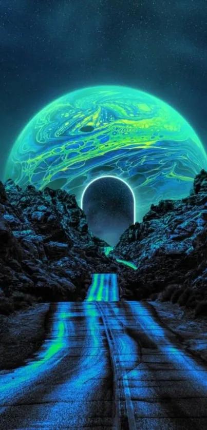 Futuristic glowing planet over blue cosmic road.