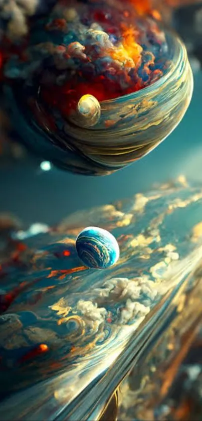 Futuristic wallpaper depicting vibrant planets and cosmic clouds.