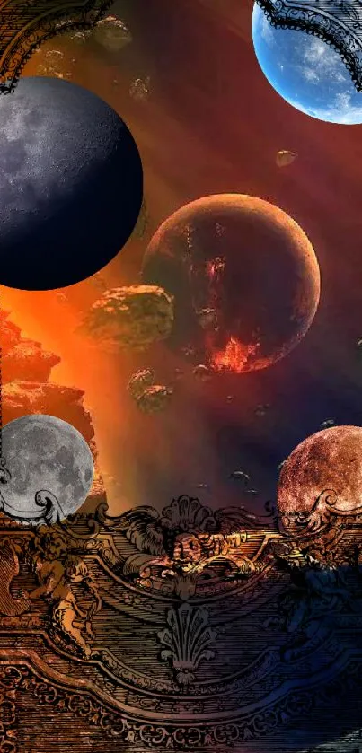 Futuristic wallpaper with five vibrant planets against a burnt orange sky.