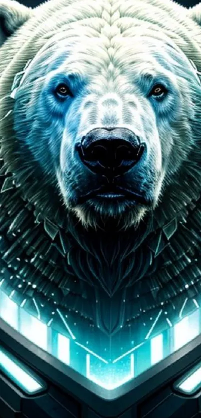 Futuristic polar bear digital art illustration on a mobile wallpaper.