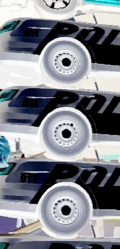 A futuristic scene with negative colors featuring stacked police cars.