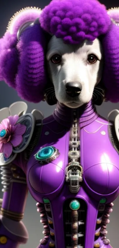 Futuristic robot poodle in purple armor with floral accents.